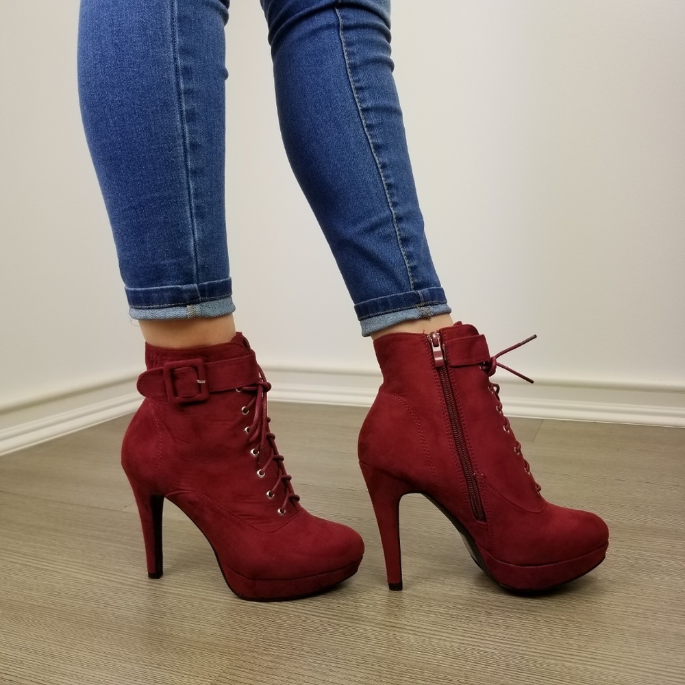 Faux Suede Heel Lace-Up Ankle Booties - Picture 7 of 8